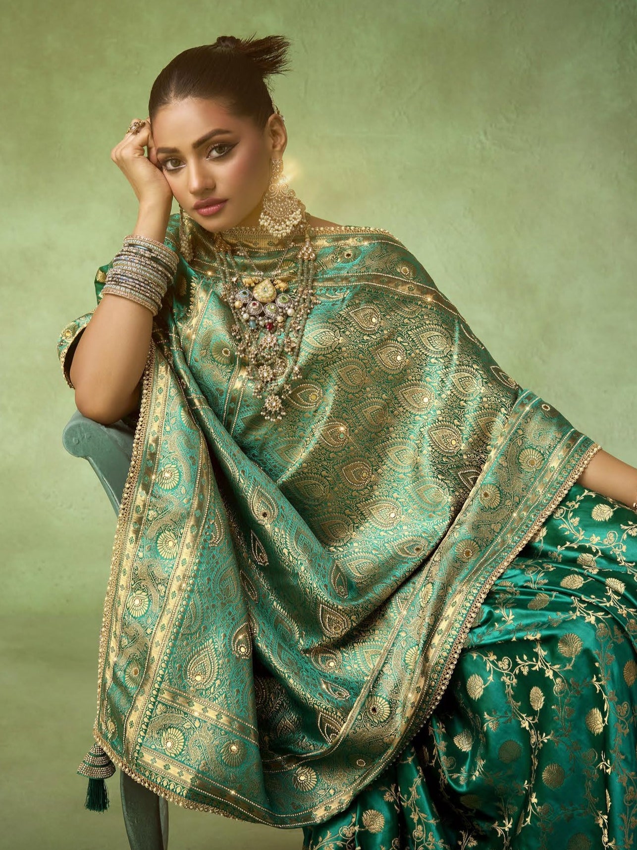 Luxury Teal Green Satin Katan Banarasi Saree with Heavy Zircon and Embroidery Lace Border