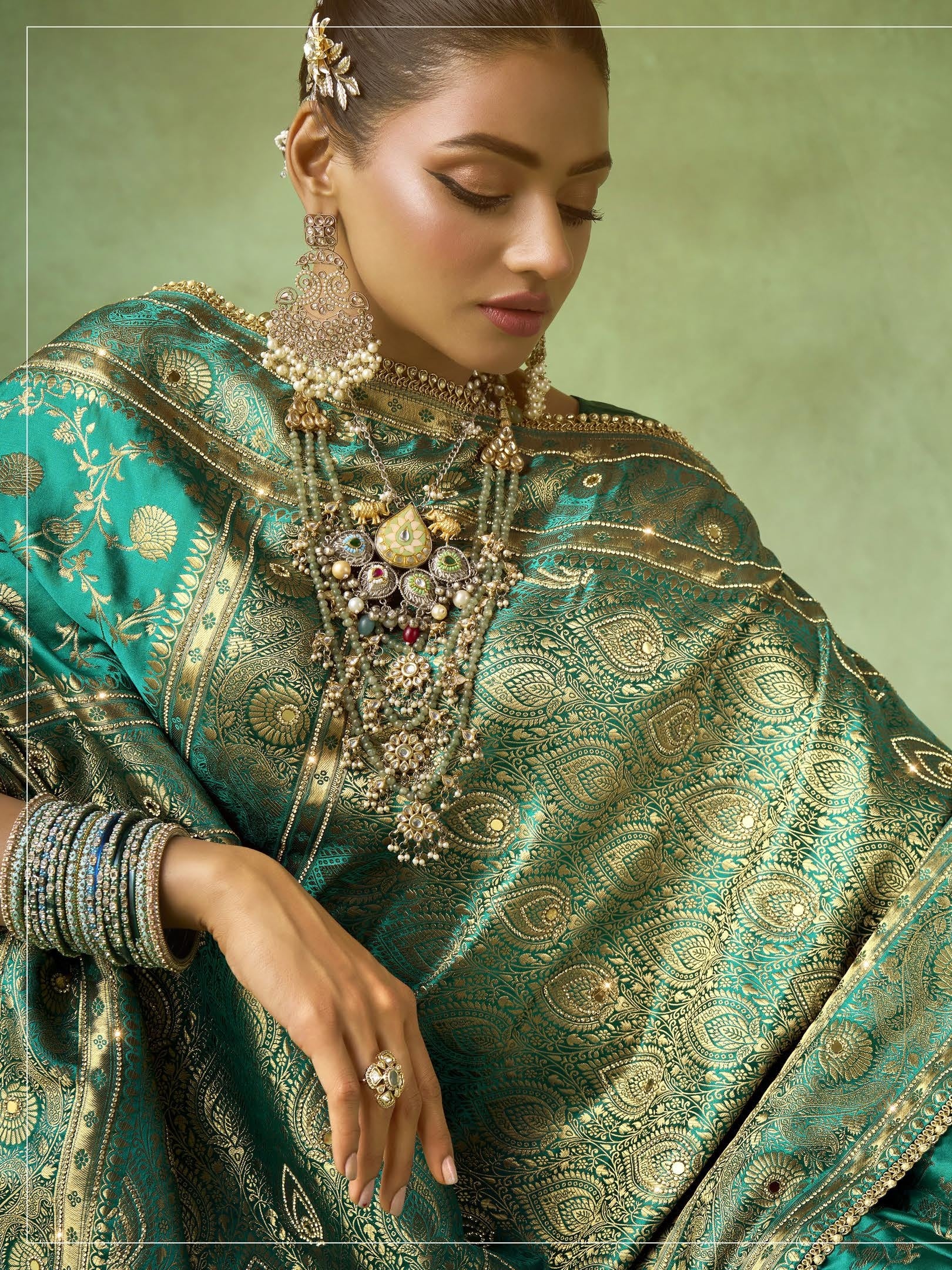 Traditional Teal Green Banarasi Saree Satin Katan with Embroidery Lace and Zircon Border