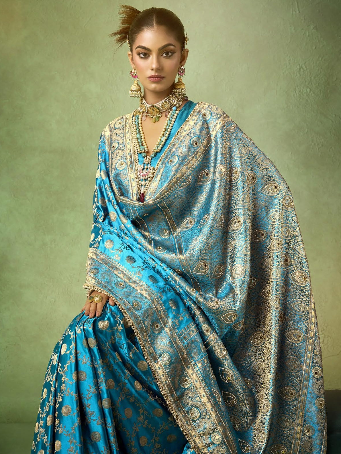 Luxury Royal Blue Banarasi Saree Satin Katan Zircon Lace Detailing