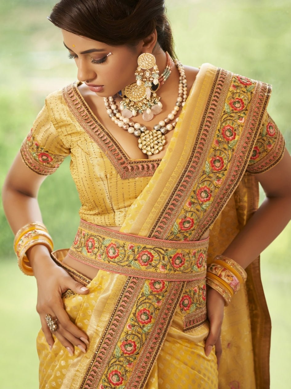 Lightweight Yellow Wedding Saree in Organza Fabric

