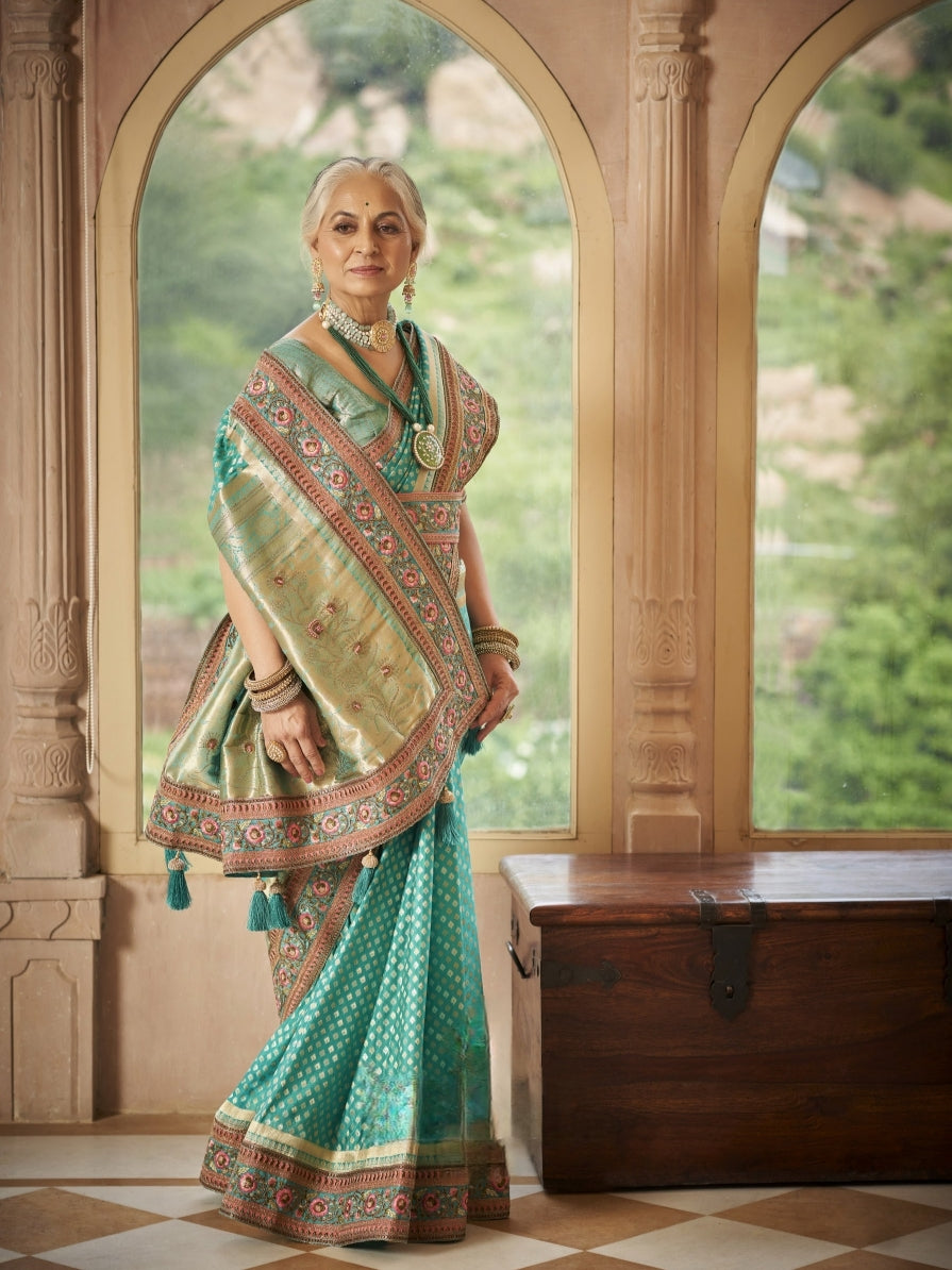 Organza Silk Saree Aqua Blue Color

