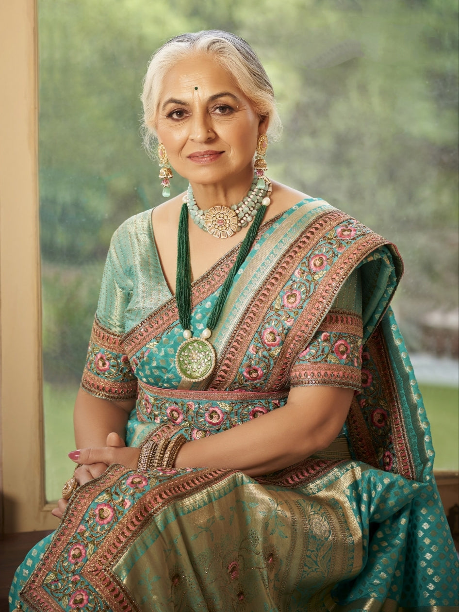 Aqua Blue Organza Silk Saree with Heavy Embroidery

