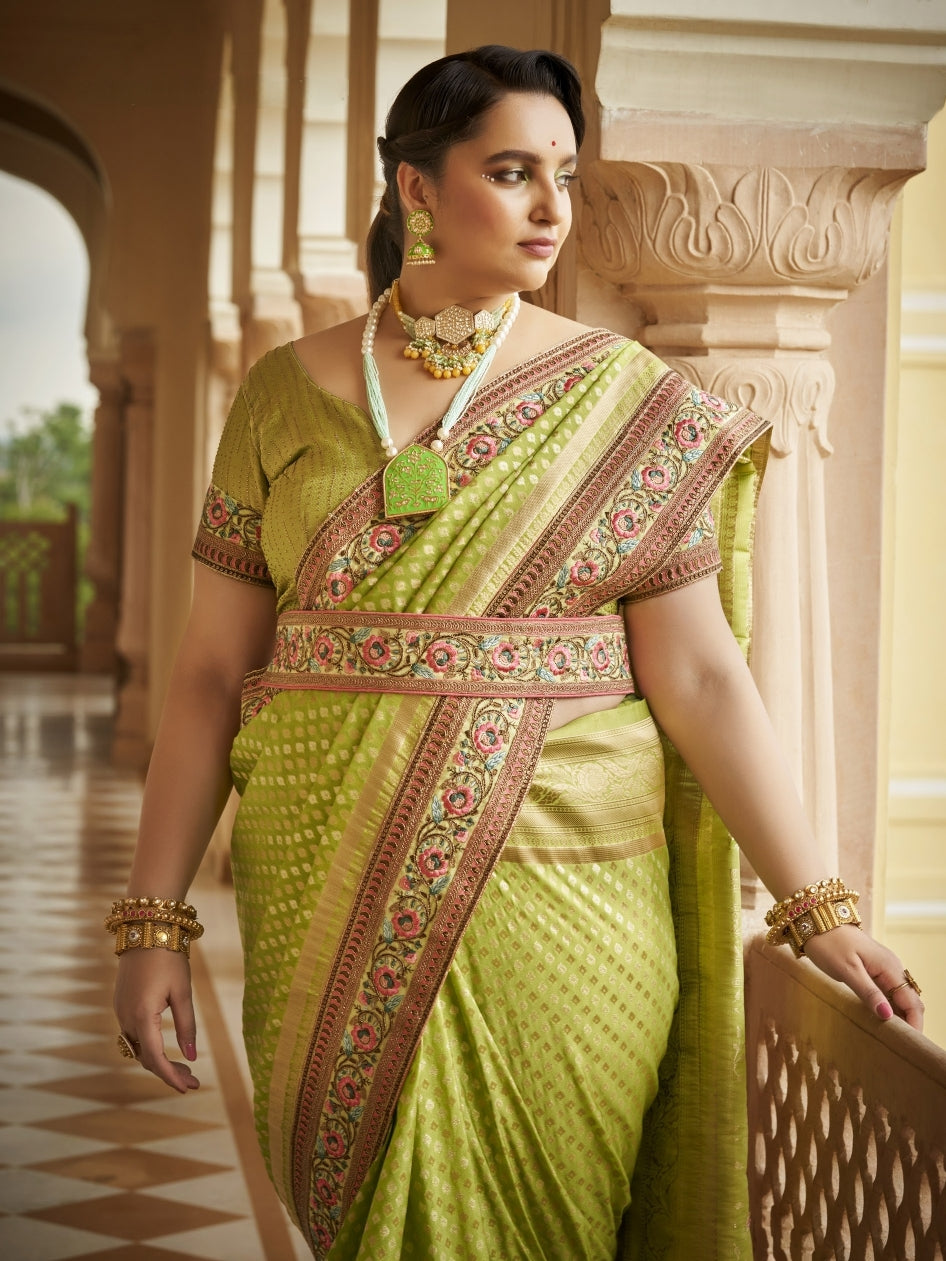 Party Wear Leaf Green Organza Silk Saree

