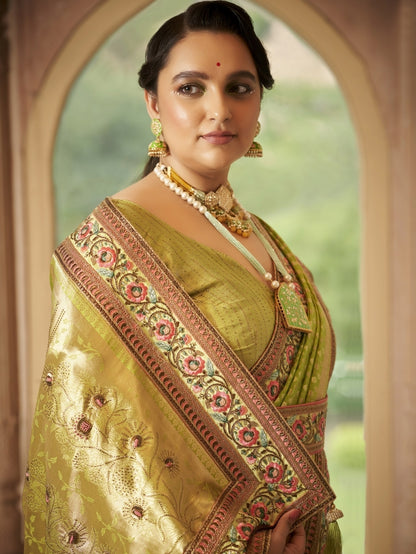Leaf Green Saree with Saroski and Belt

