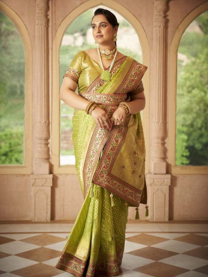 Leaf Green Organza Silk Saree with Heavy Embroidery

