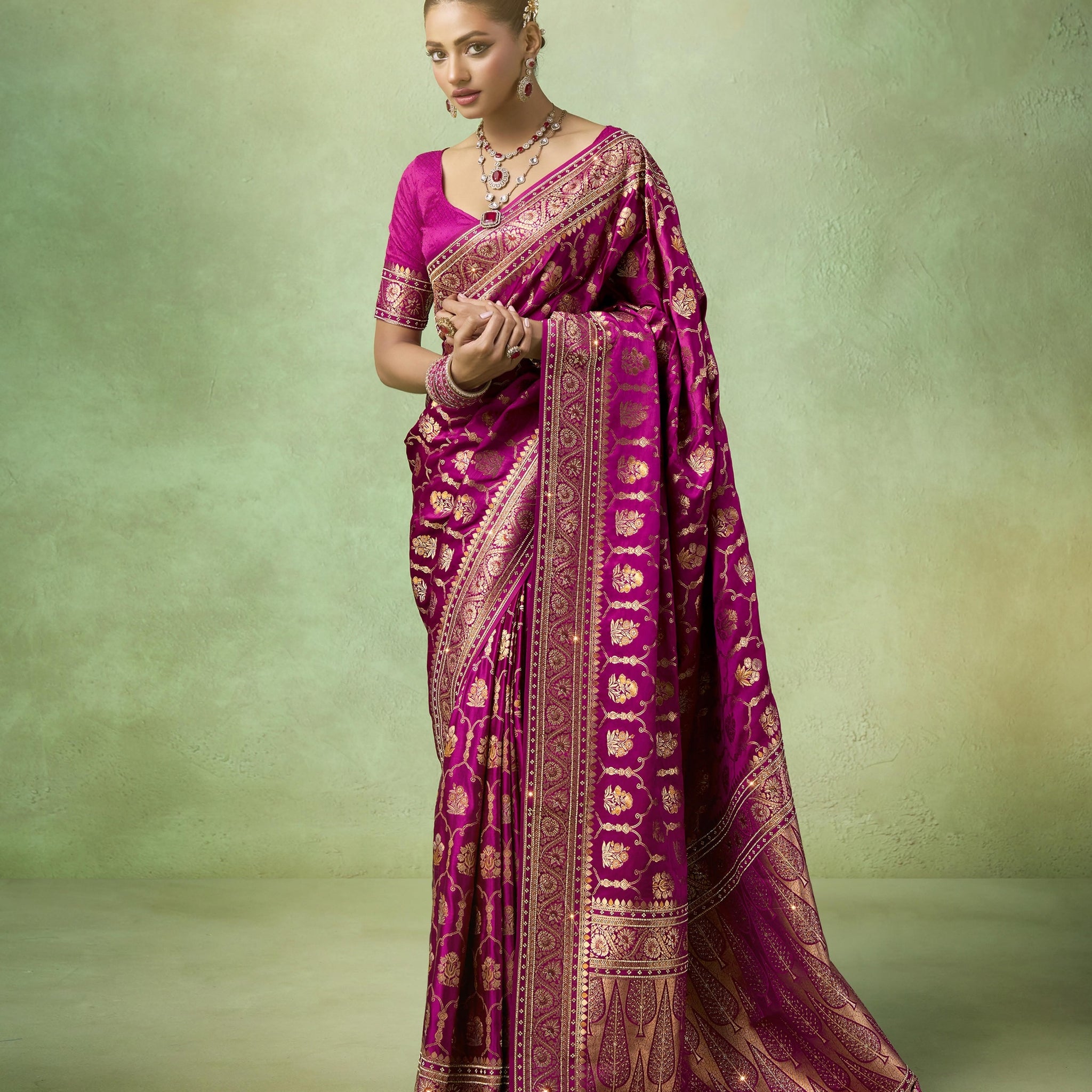 Magenta bridal saree with Tilfi Zari and Zarkan work

