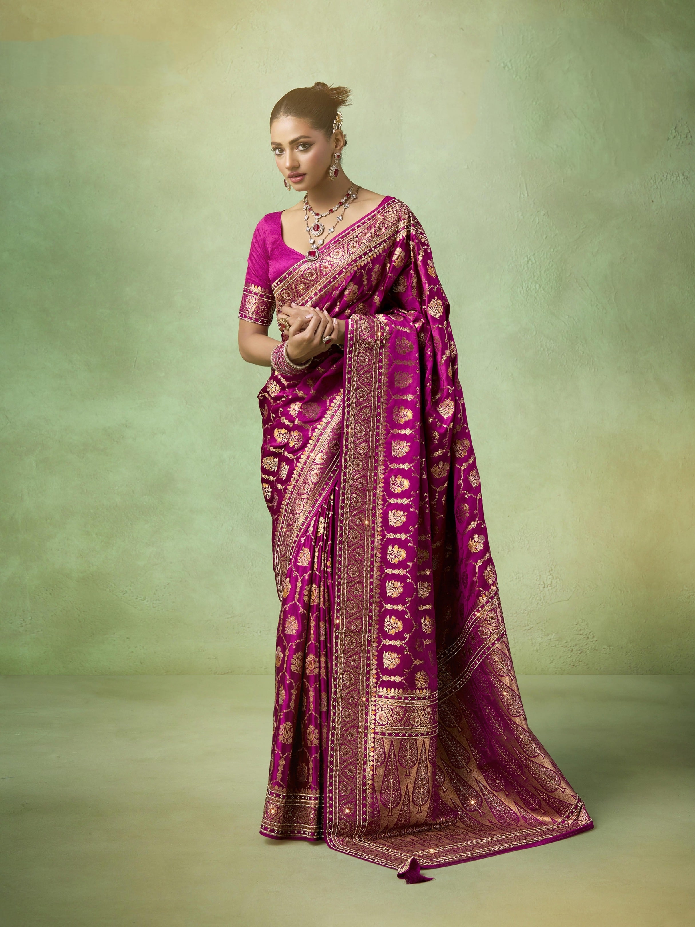 Magenta bridal saree with Tilfi Zari and Zarkan work

