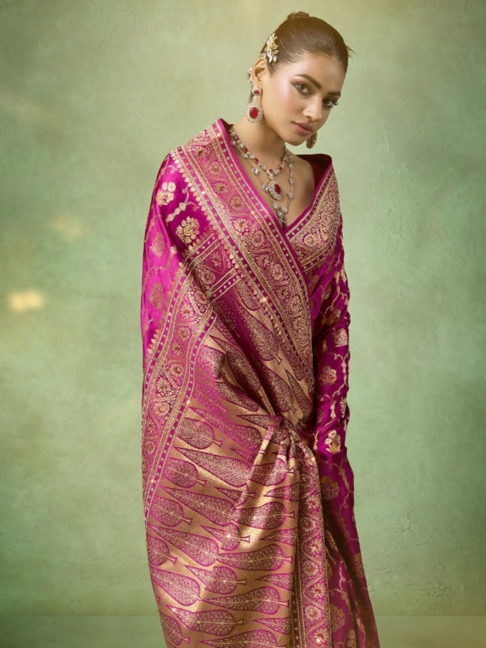 Magenta bridal saree with Tilfi Zari and Zarkan work

