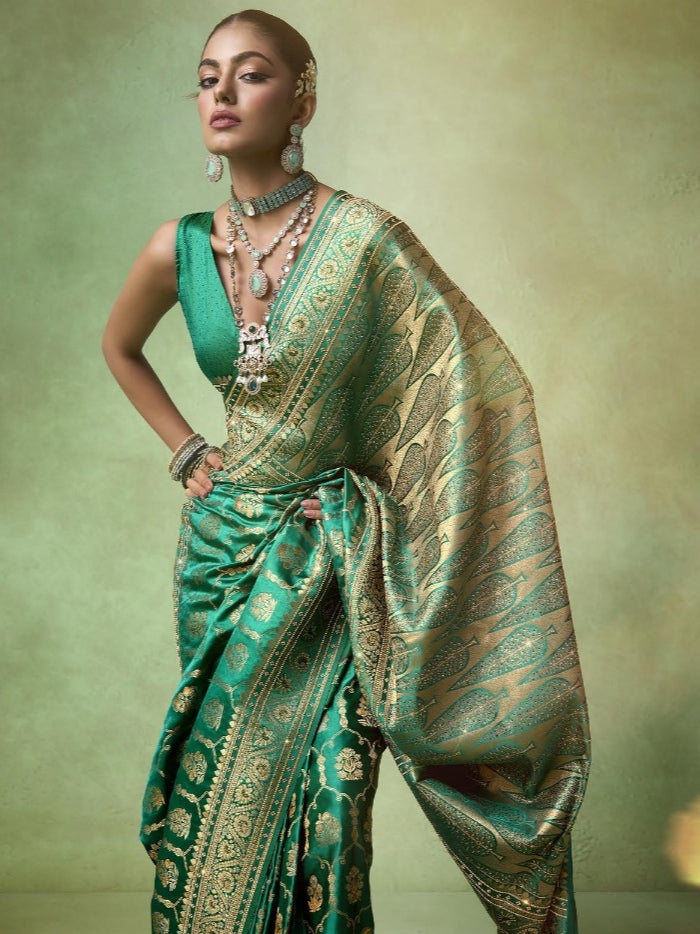 Emerald green bridal saree with Tilfi Zari

