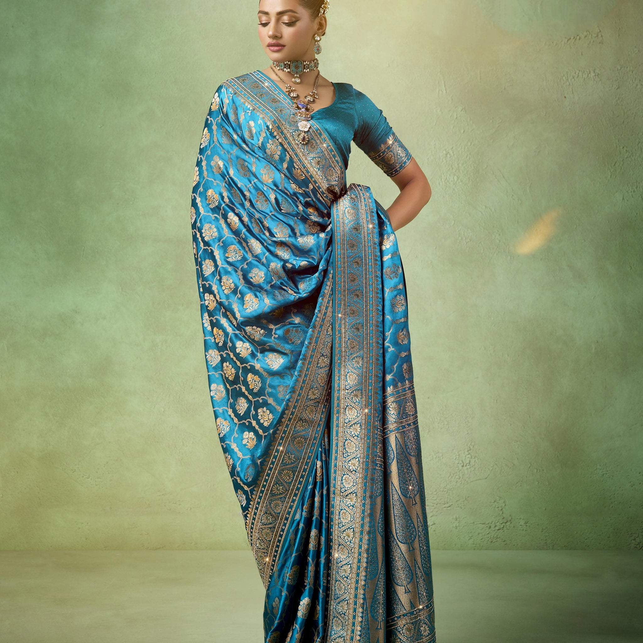 Royal blue Tilfi Zari bridal saree full view

