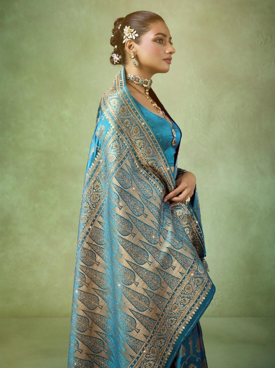 Heavy Zarkan royal blue wedding saree


