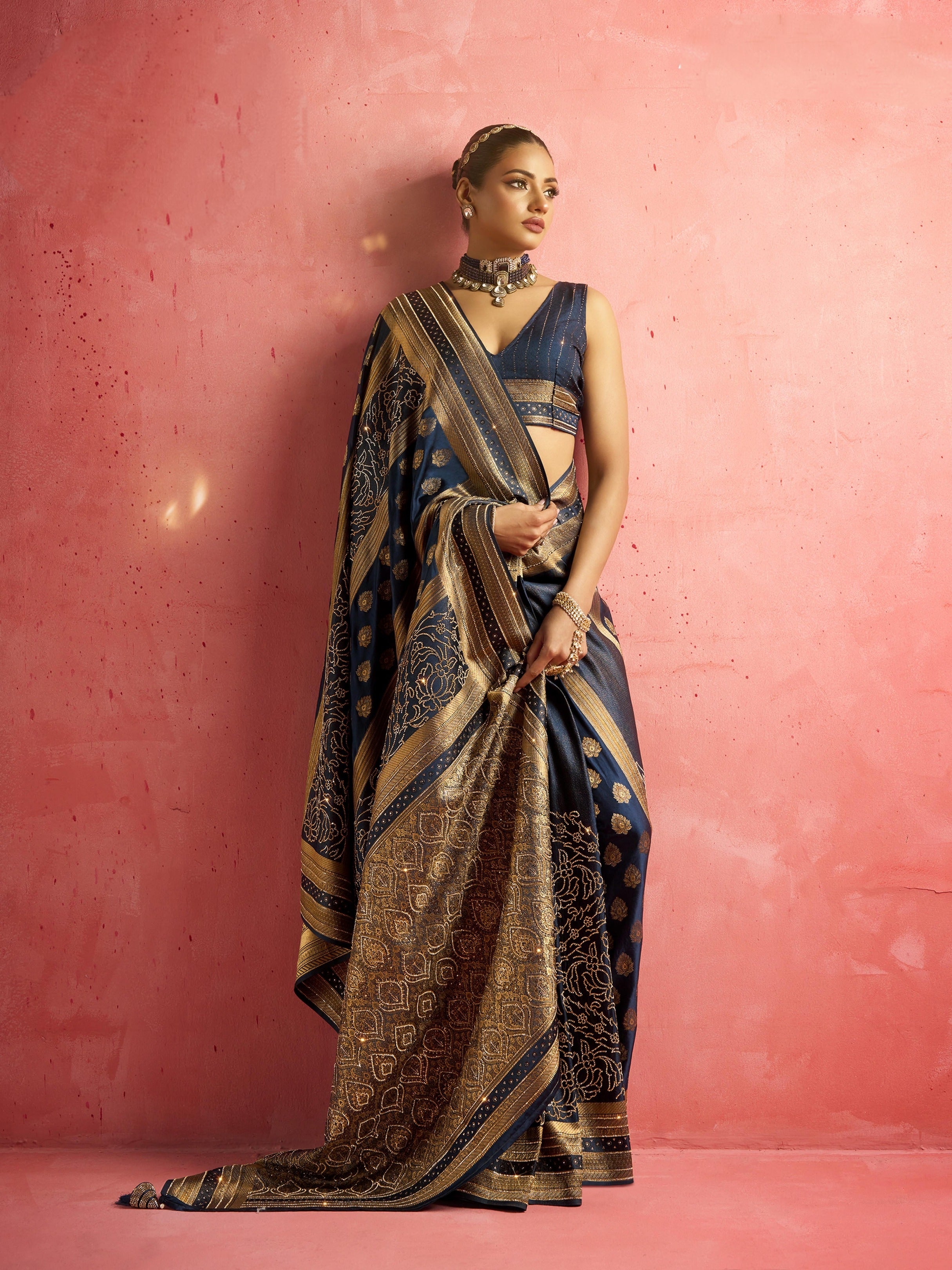 Royal blue bridal saree with heavy zircon and Saroski work

