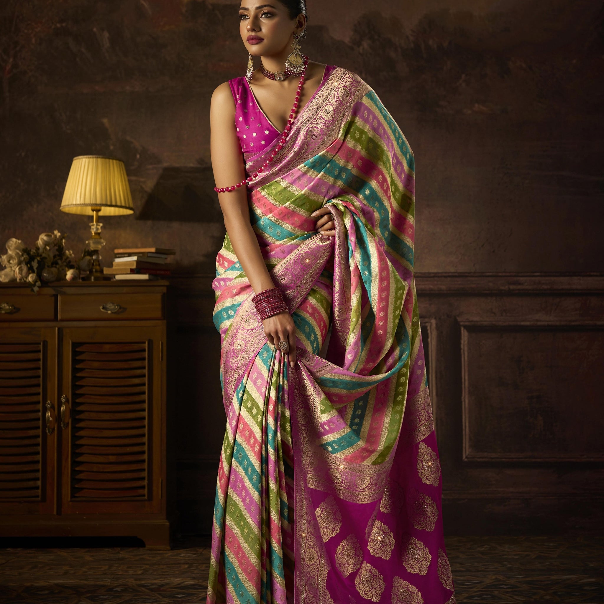 Pink Khaddi Georgette Saree with Saroski Work

