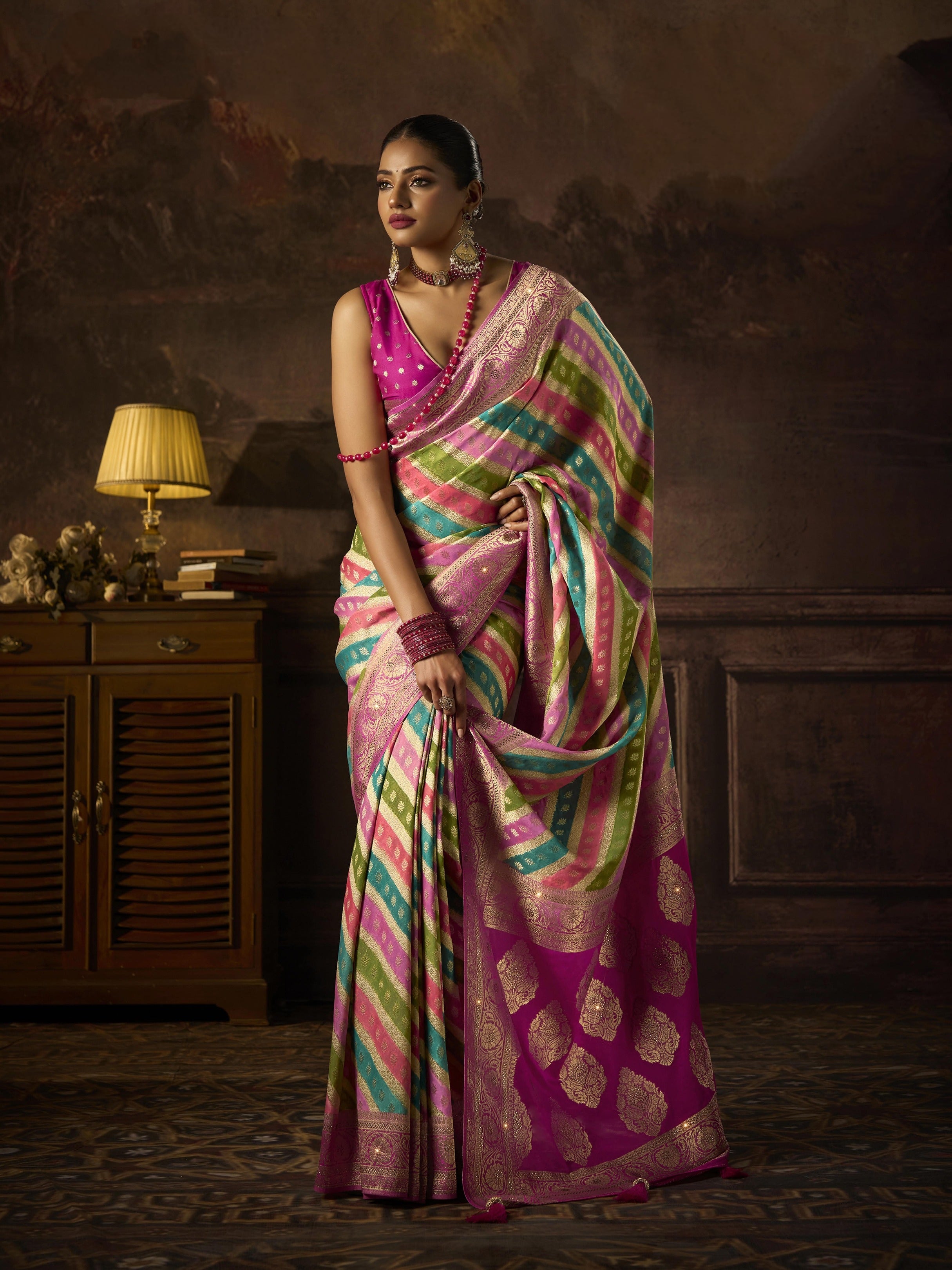 Pink Khaddi Georgette Saree with Saroski Work

