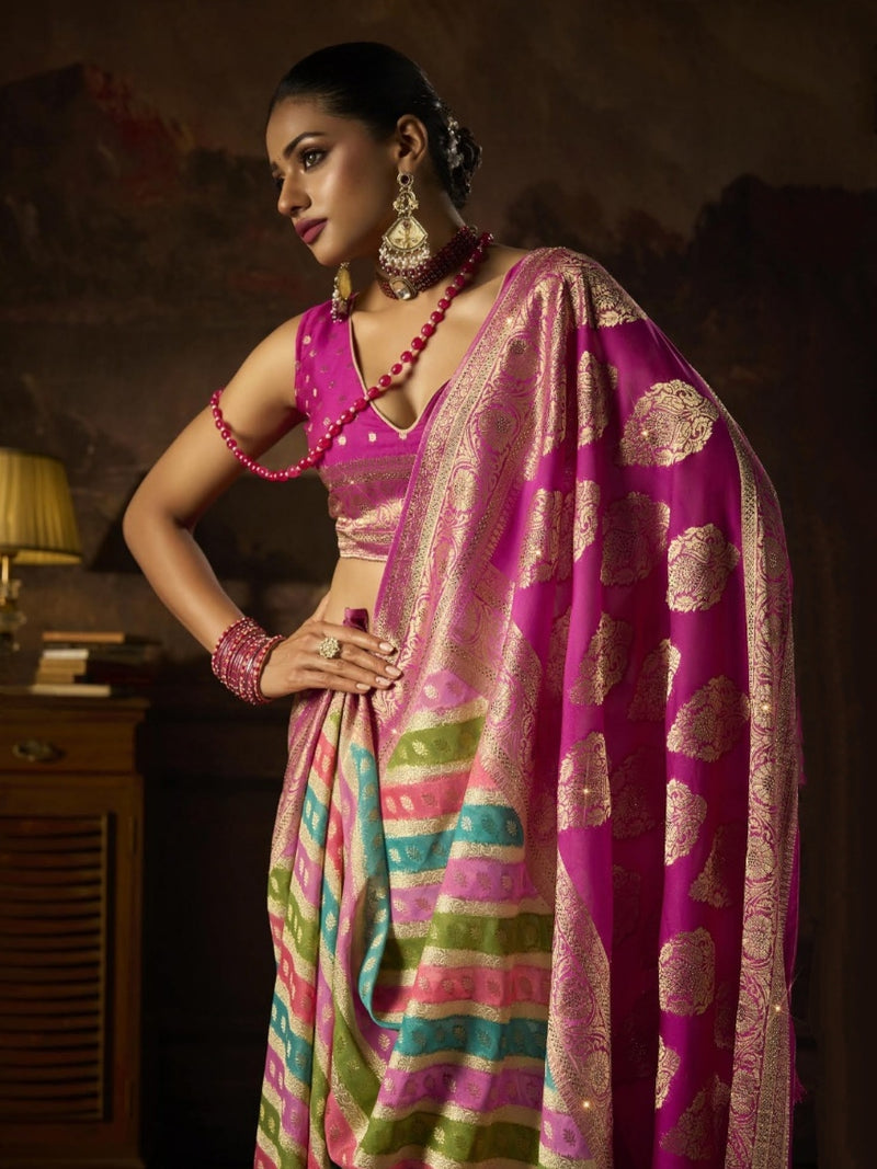 Hand-Brush Print Pink Georgette Saree

