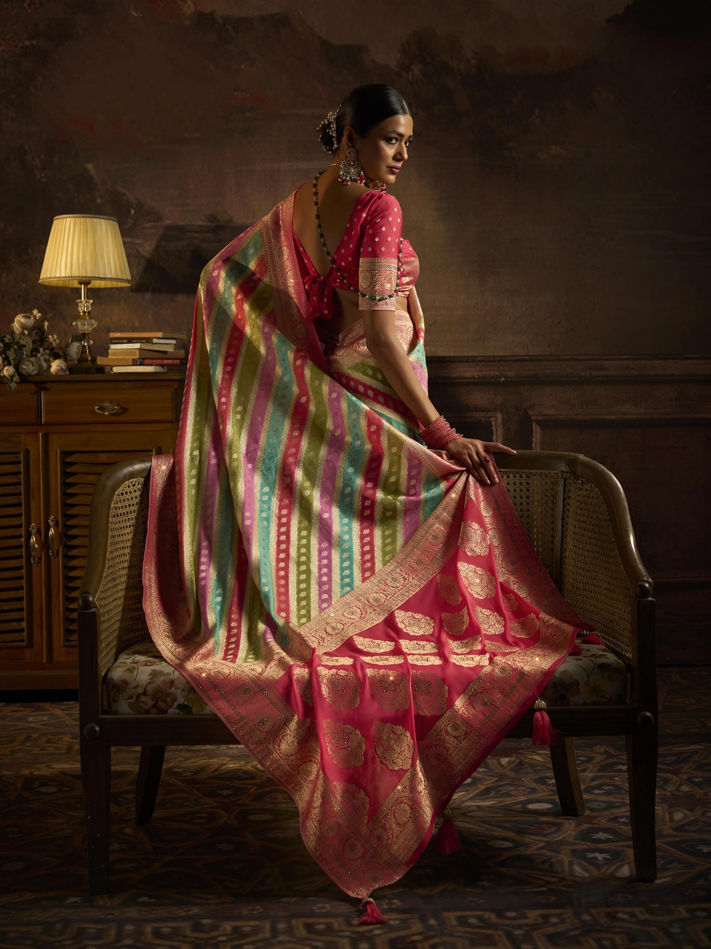 Maroon Khaddi Georgette Saree with Saroski Work

