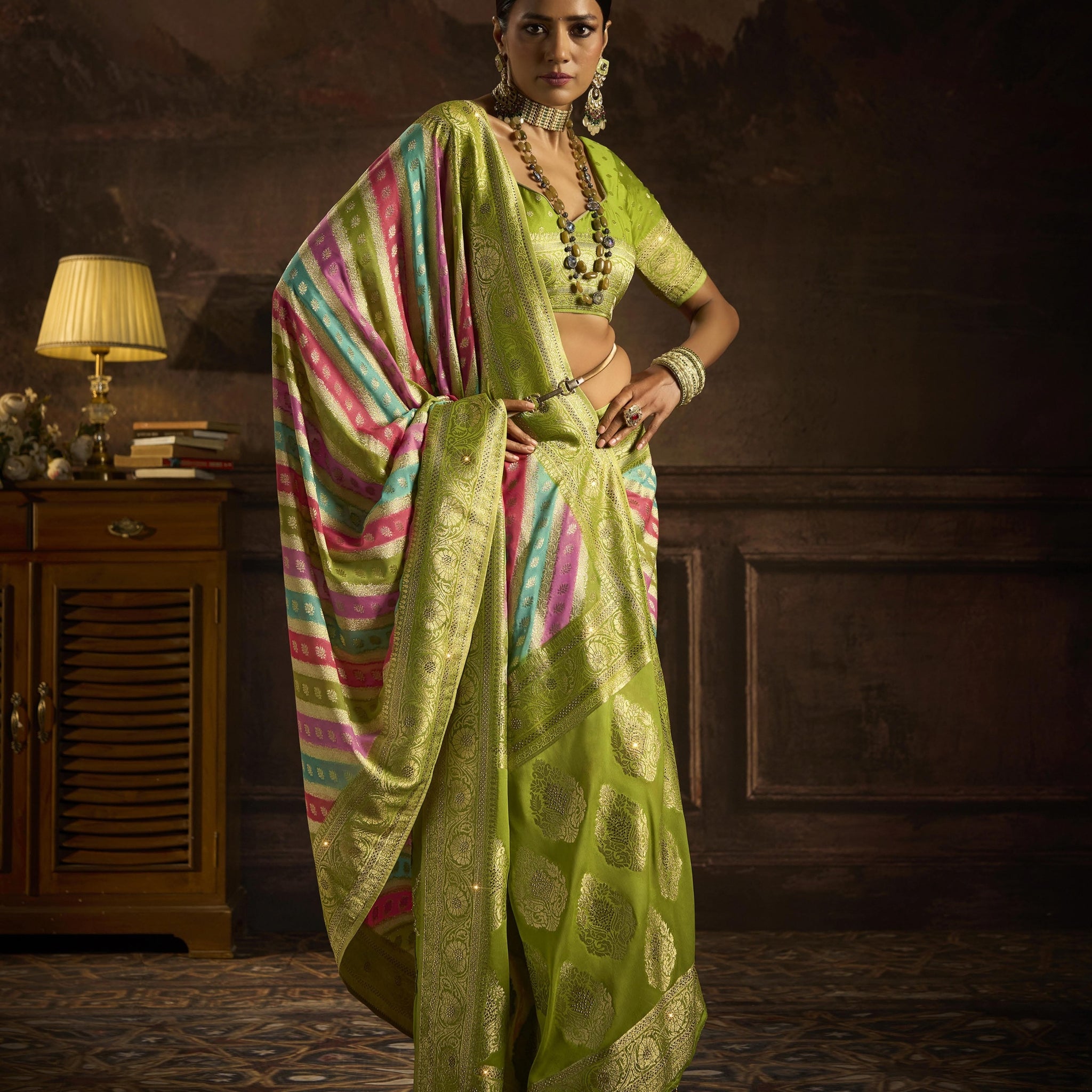 Lime Green Khaddi Georgette Saree with Saroski Work

