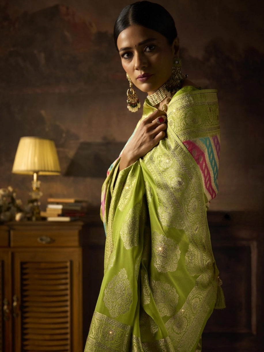 Lime Green Khaddi Georgette Saree with Saroski Work

