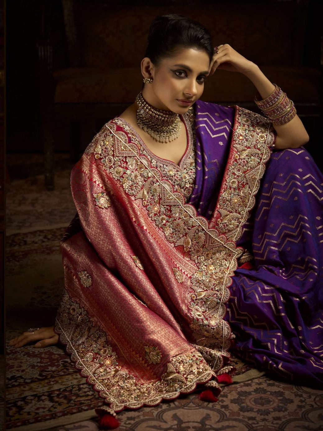 Royal purple bridal saree with embroidery

