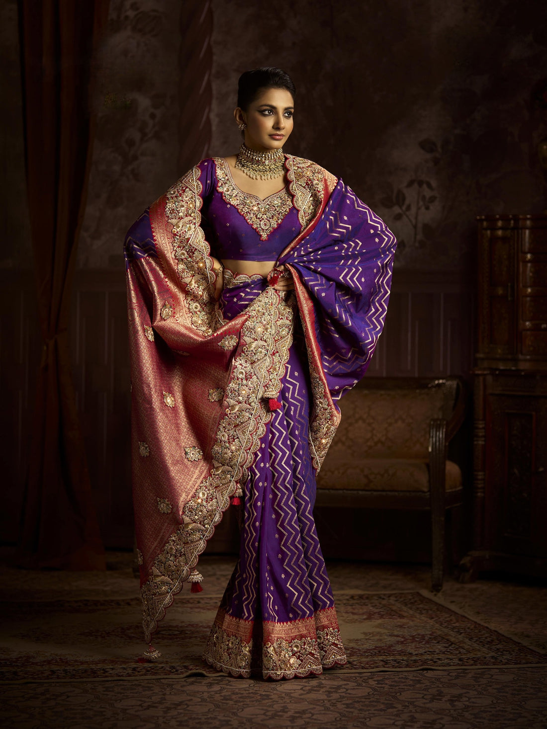 Royal purple bridal saree with embroidery


