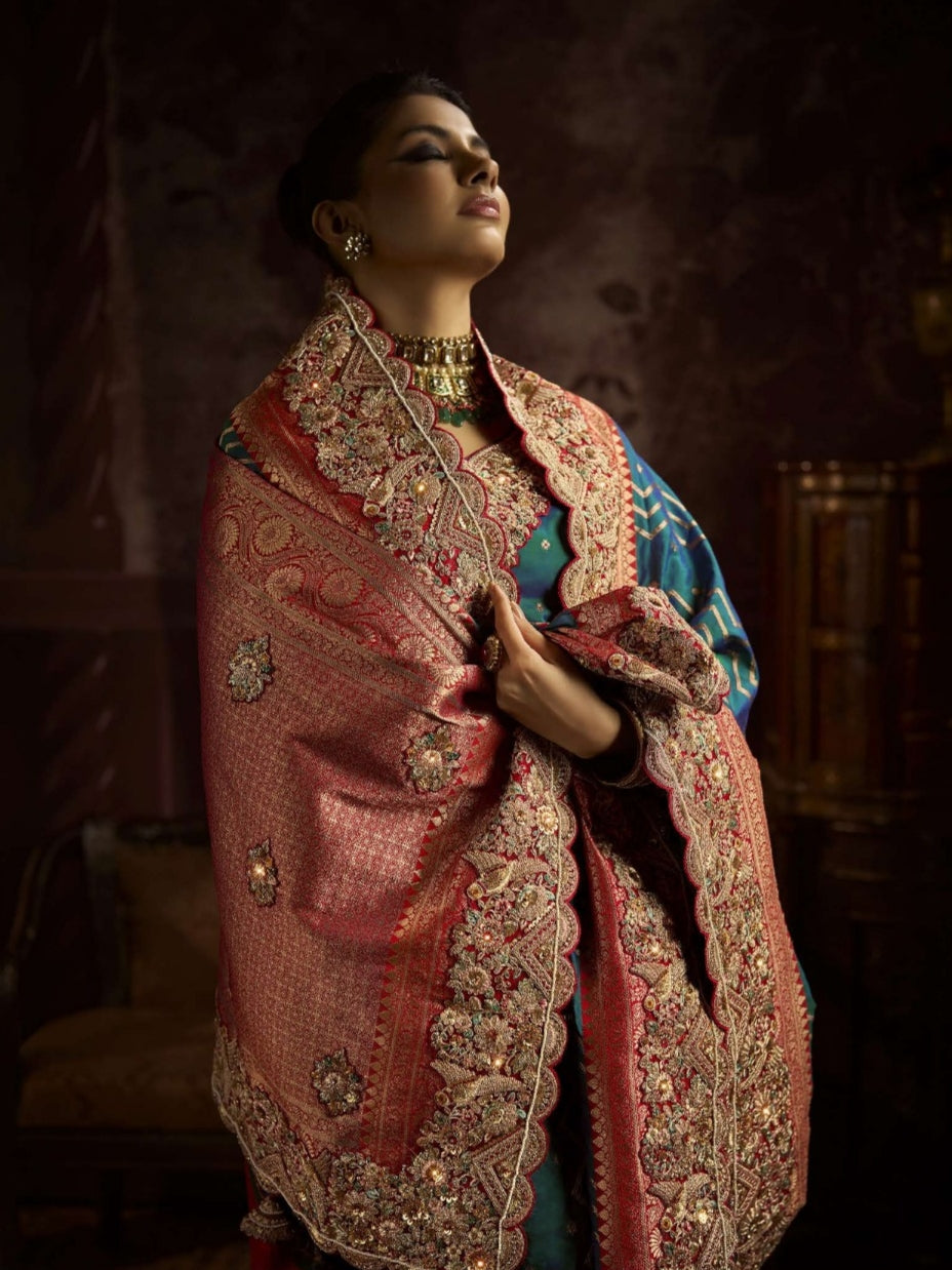 Embroidered teal saree for bride

