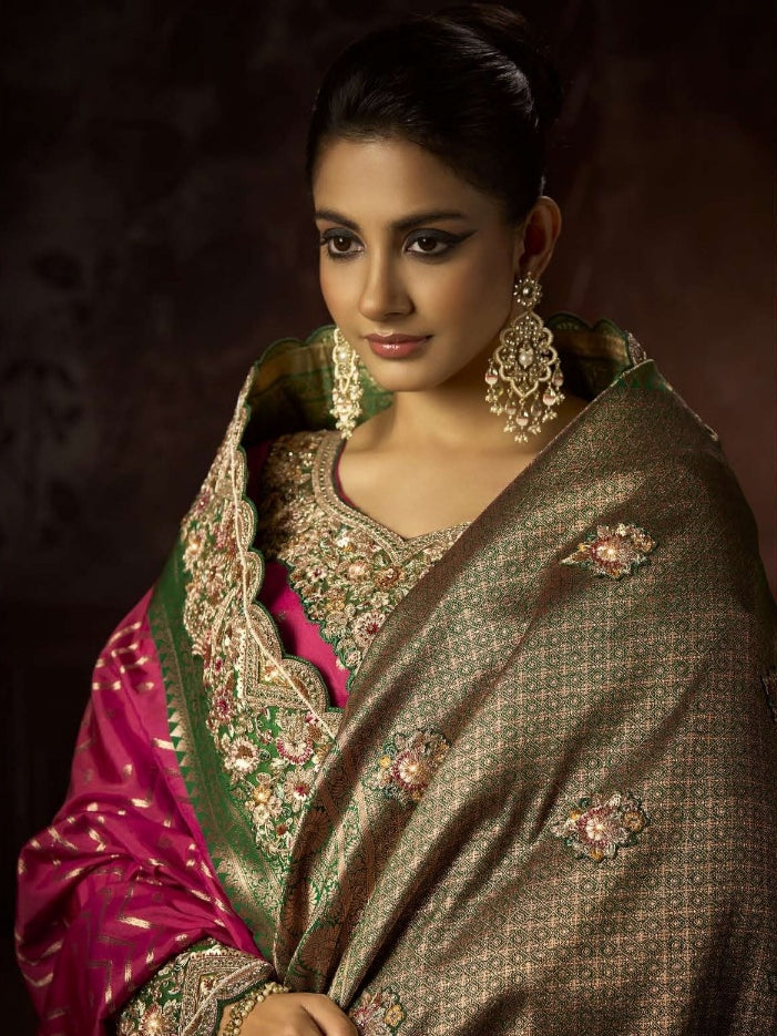 Fuchsia pink and gold bridal saree

