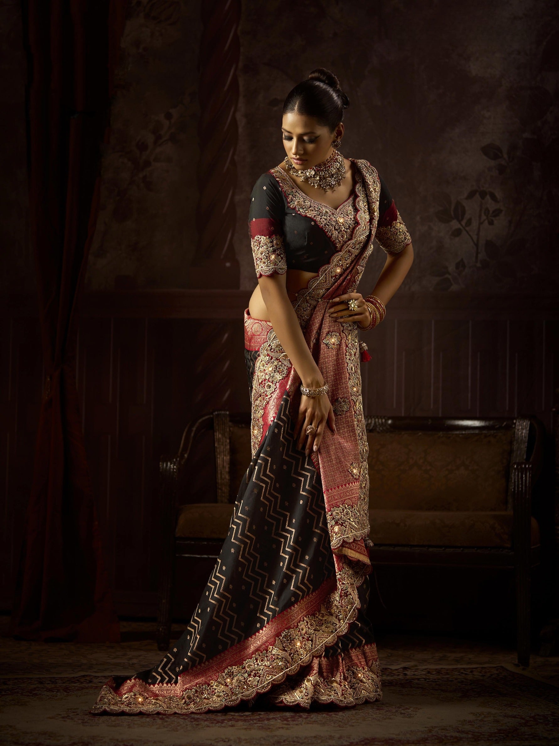 Maroon and black bridal saree with zircon work