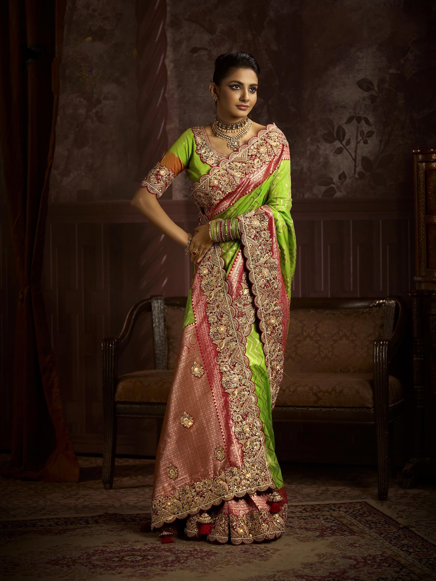 Lime green and peach bridal saree in Taana Silk