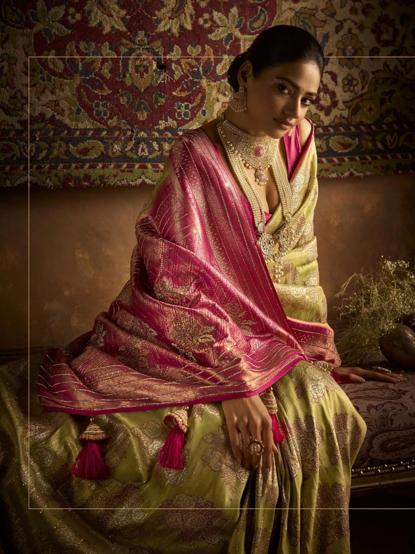 Pink and Light Olive Kanjivaram Saree with Heavy Zarkan Work

