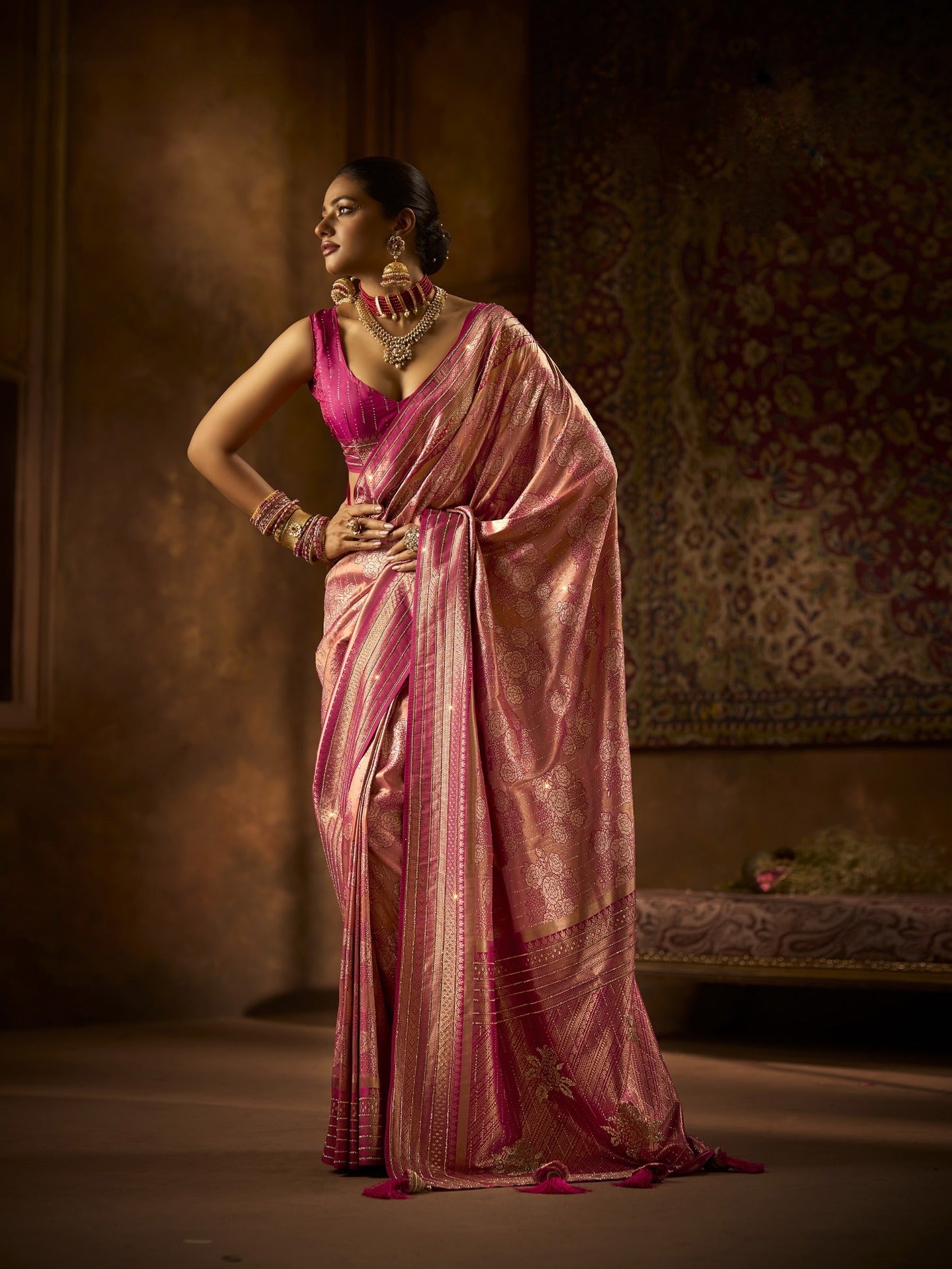 Rose Gold Kanjivaram Saree with Swarovski and Zarkan Work

