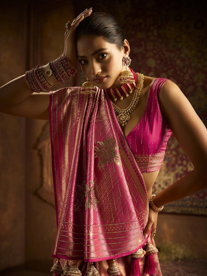 Rose Gold Kanjivaram Saree with Swarovski and Zarkan Work

