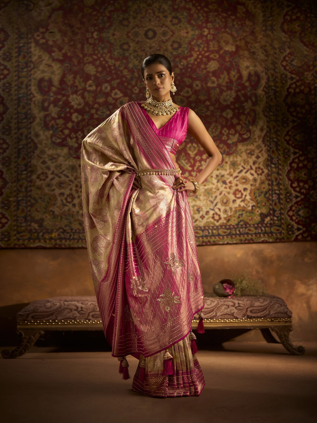 Pink Kanjivaram Saree with Gold Border and Swarovski Work

