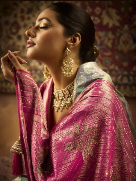 Dual-tone pink silver Kanjivaram saree with zarkan

