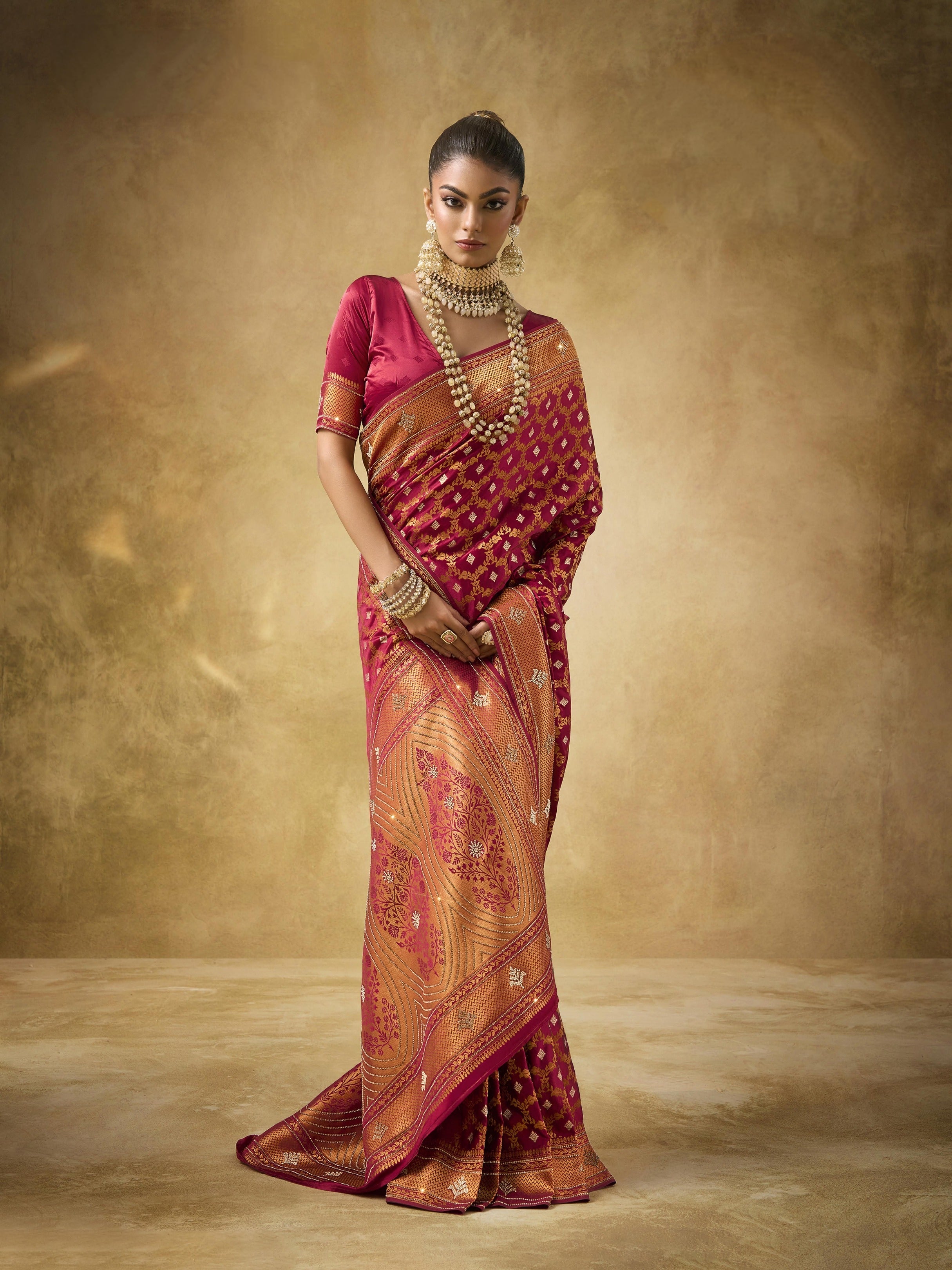 Crimson Red Satin Bridal Saree with Heavy Zarkan Work