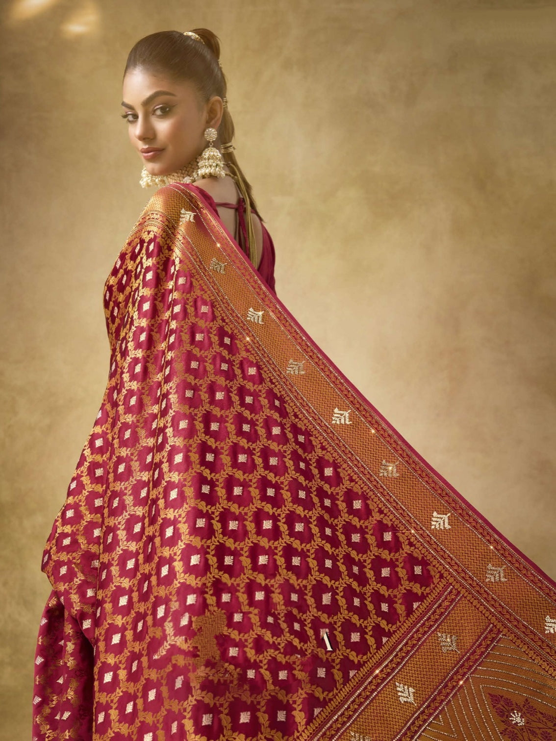 Crimson Red Satin Bridal Saree with Heavy Zarkan Work