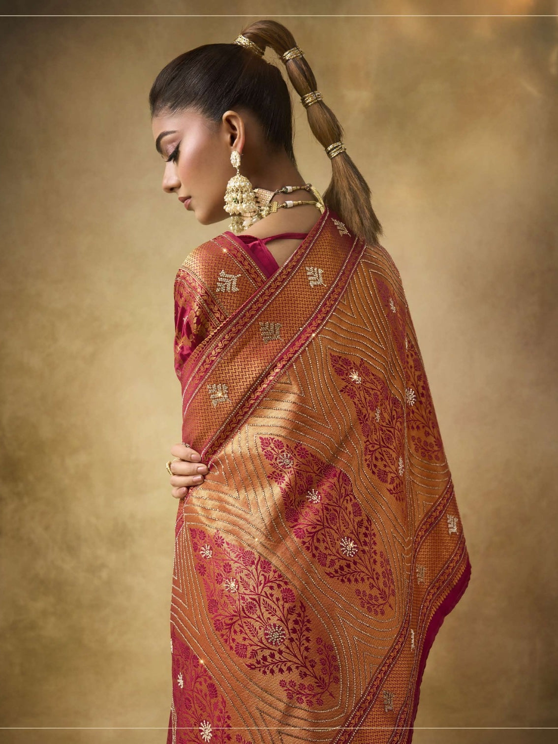 Crimson Red Satin Bridal Saree with Heavy Zarkan Work