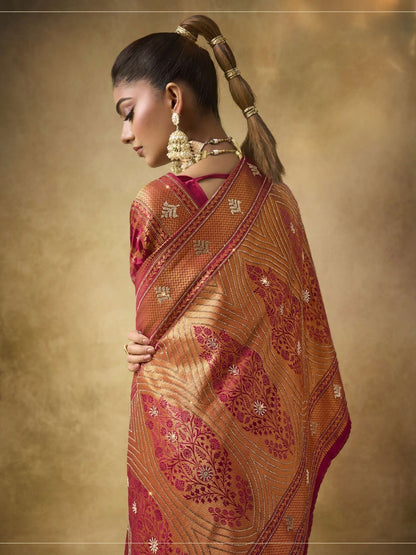 Crimson Red Satin Bridal Saree with Heavy Zarkan Work