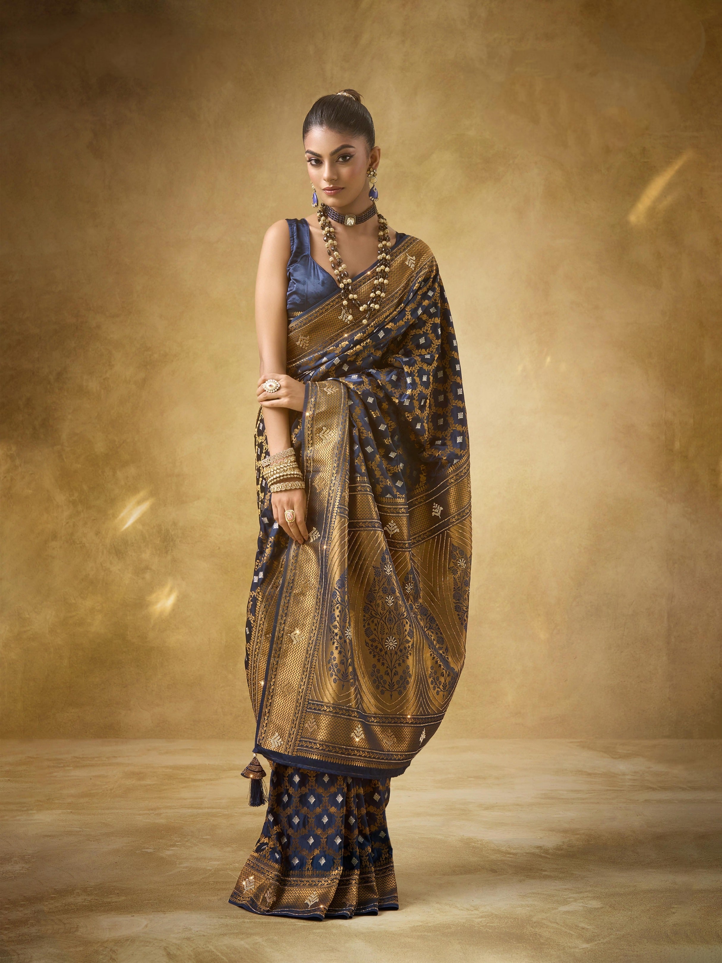 Midnight Blue Satin Bridal Saree with Heavy Zarkan Work