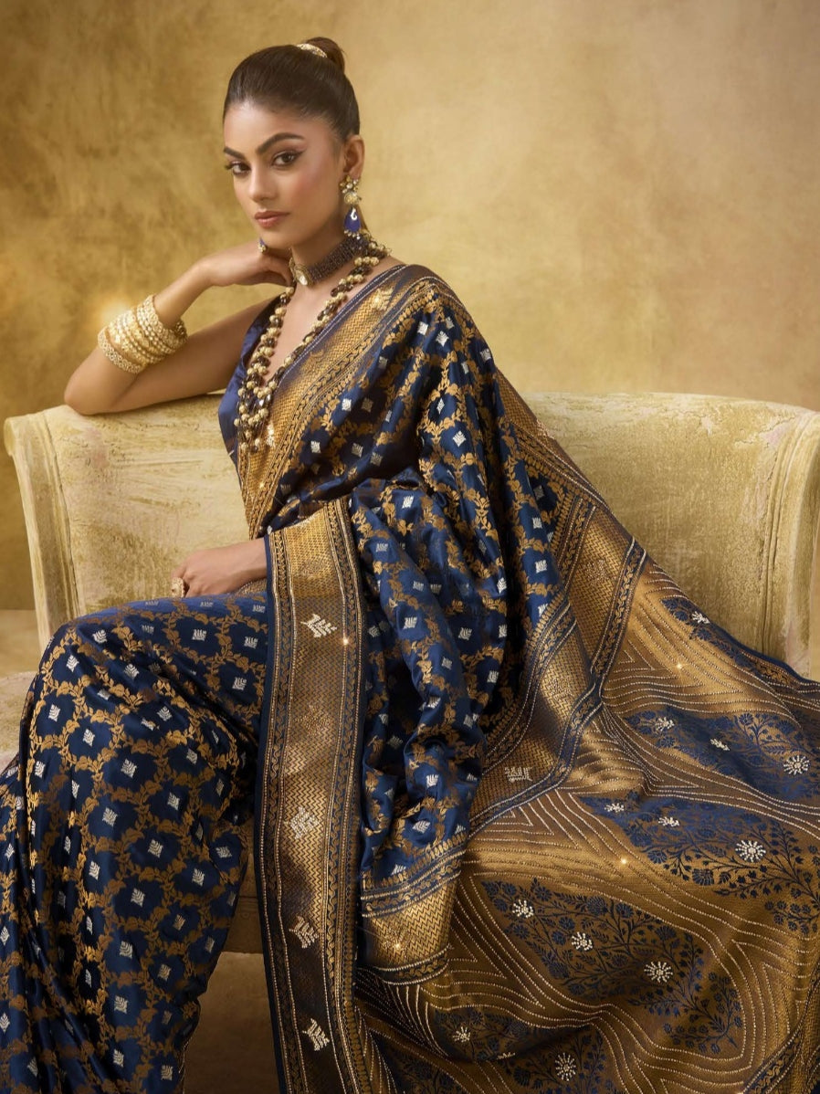 Midnight Blue Satin Bridal Saree with Heavy Zarkan Work