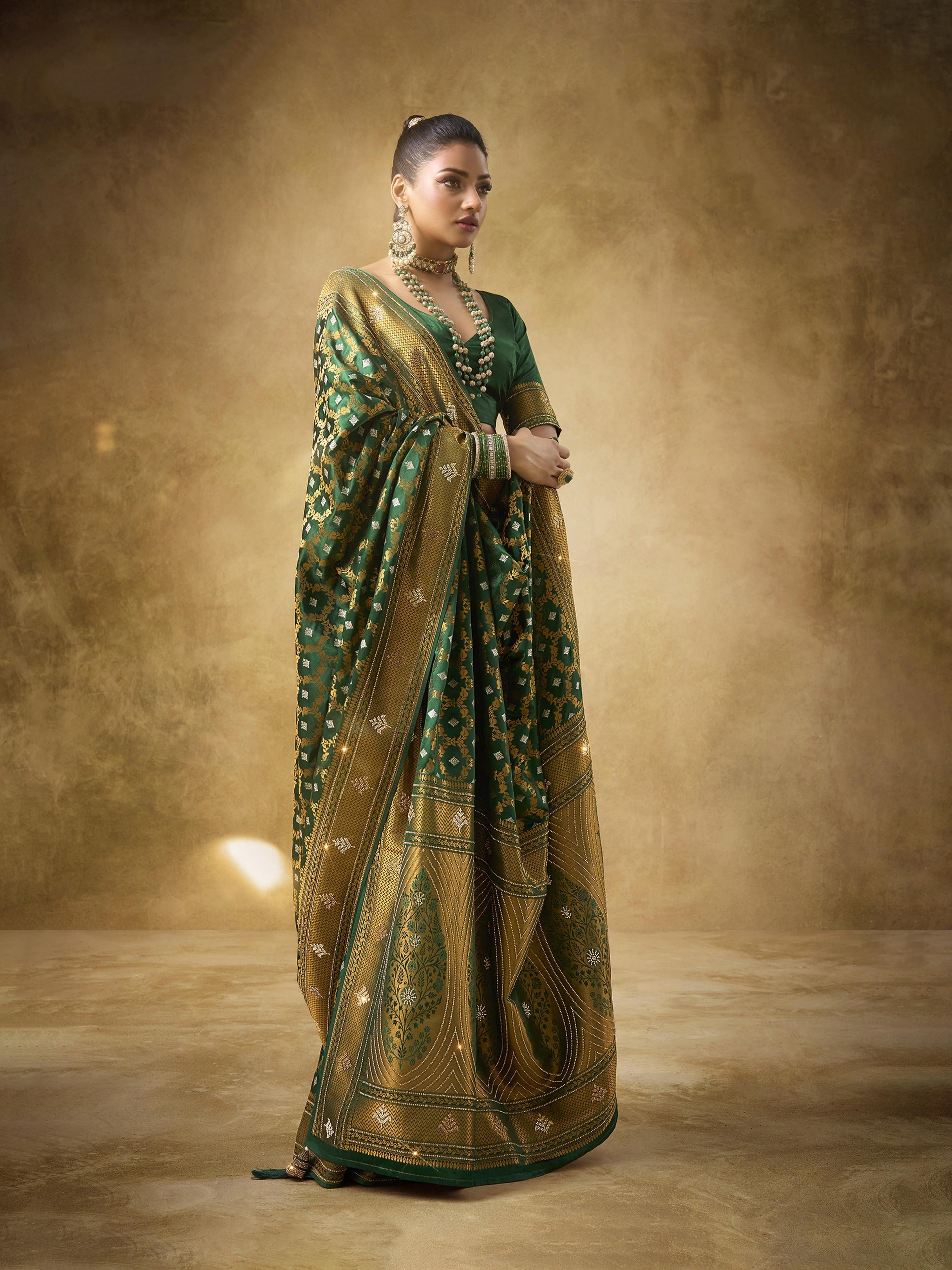 Emerald Green Satin Bridal Saree with Heavy Zarkan Work