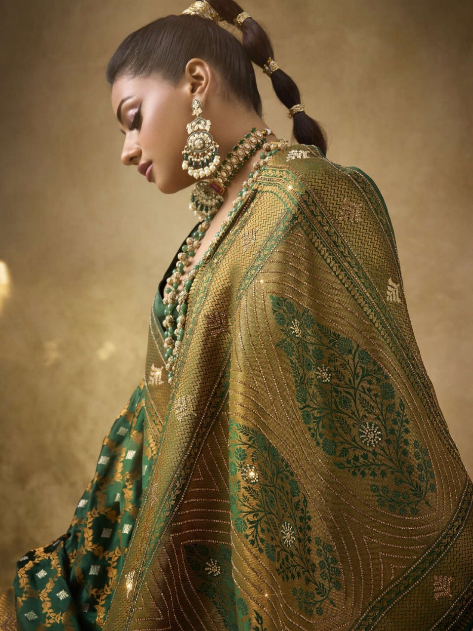 Emerald Green Satin Bridal Saree with Heavy Zarkan Work