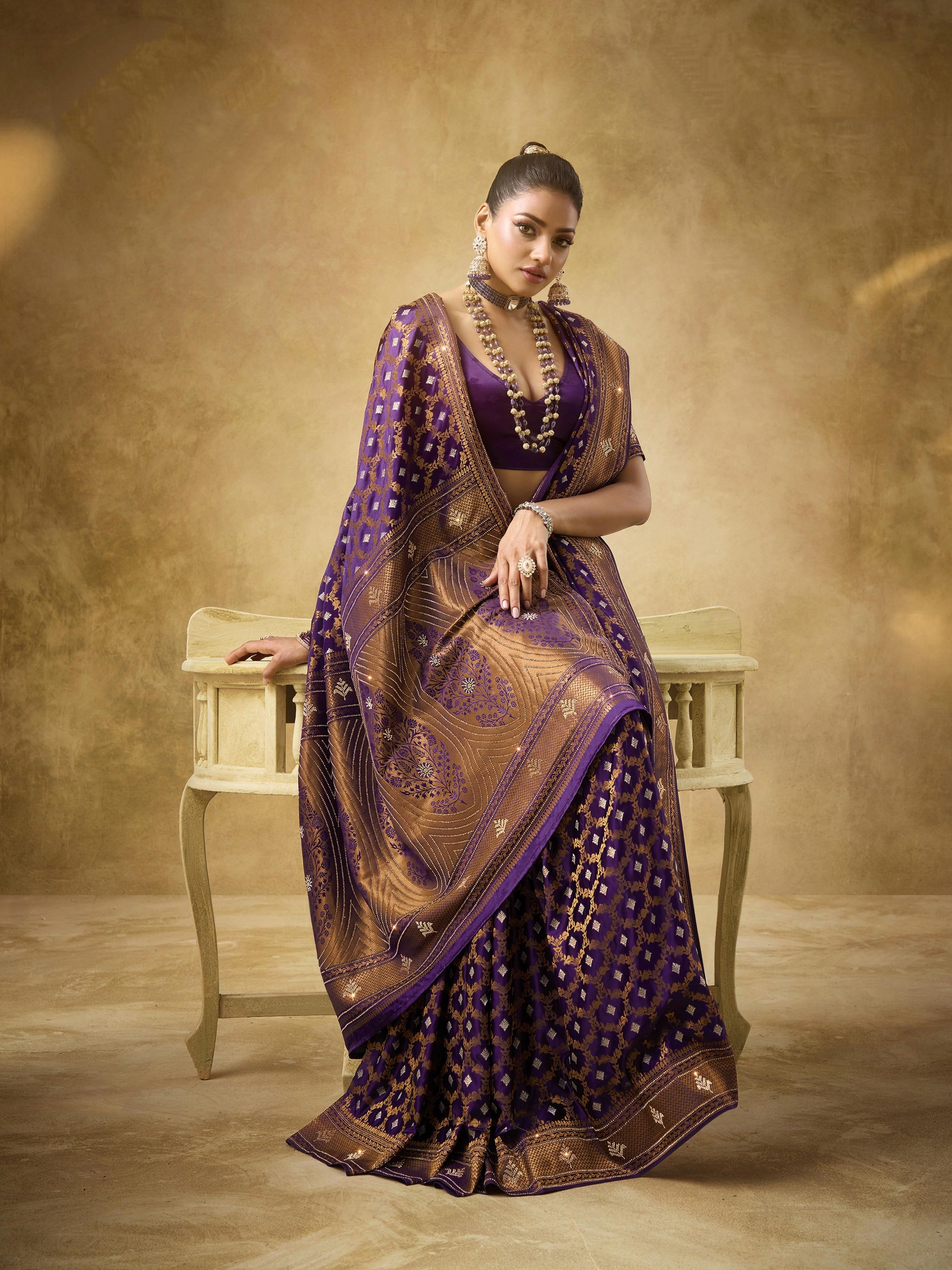 Royal Purple Satin Bridal Saree with Heavy Zarkan Work