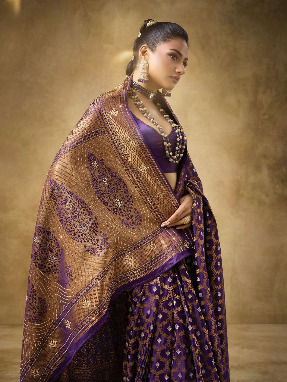 Royal Purple Satin Bridal Saree with Heavy Zarkan Work
