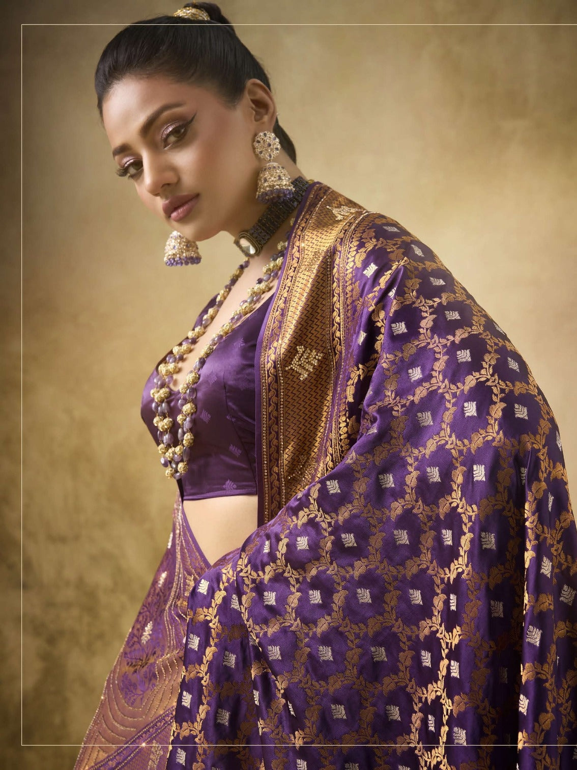 Royal Purple Satin Bridal Saree with Heavy Zarkan Work