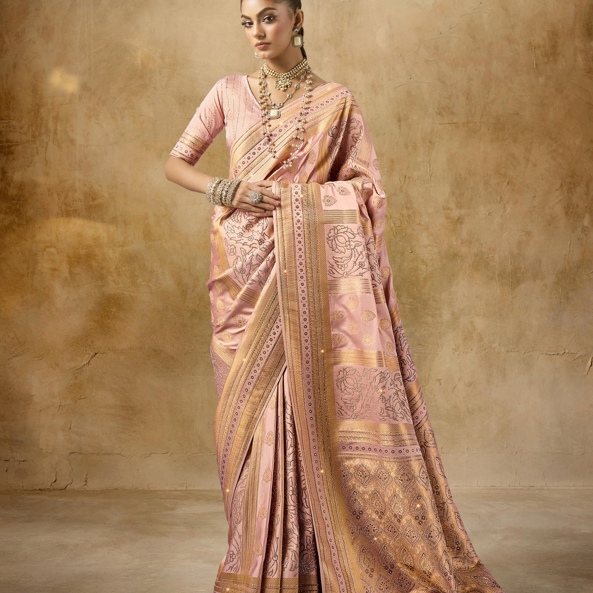 Rose Gold Sattan Katan Bridal Saree with Heavy Zircon & Saroski Work