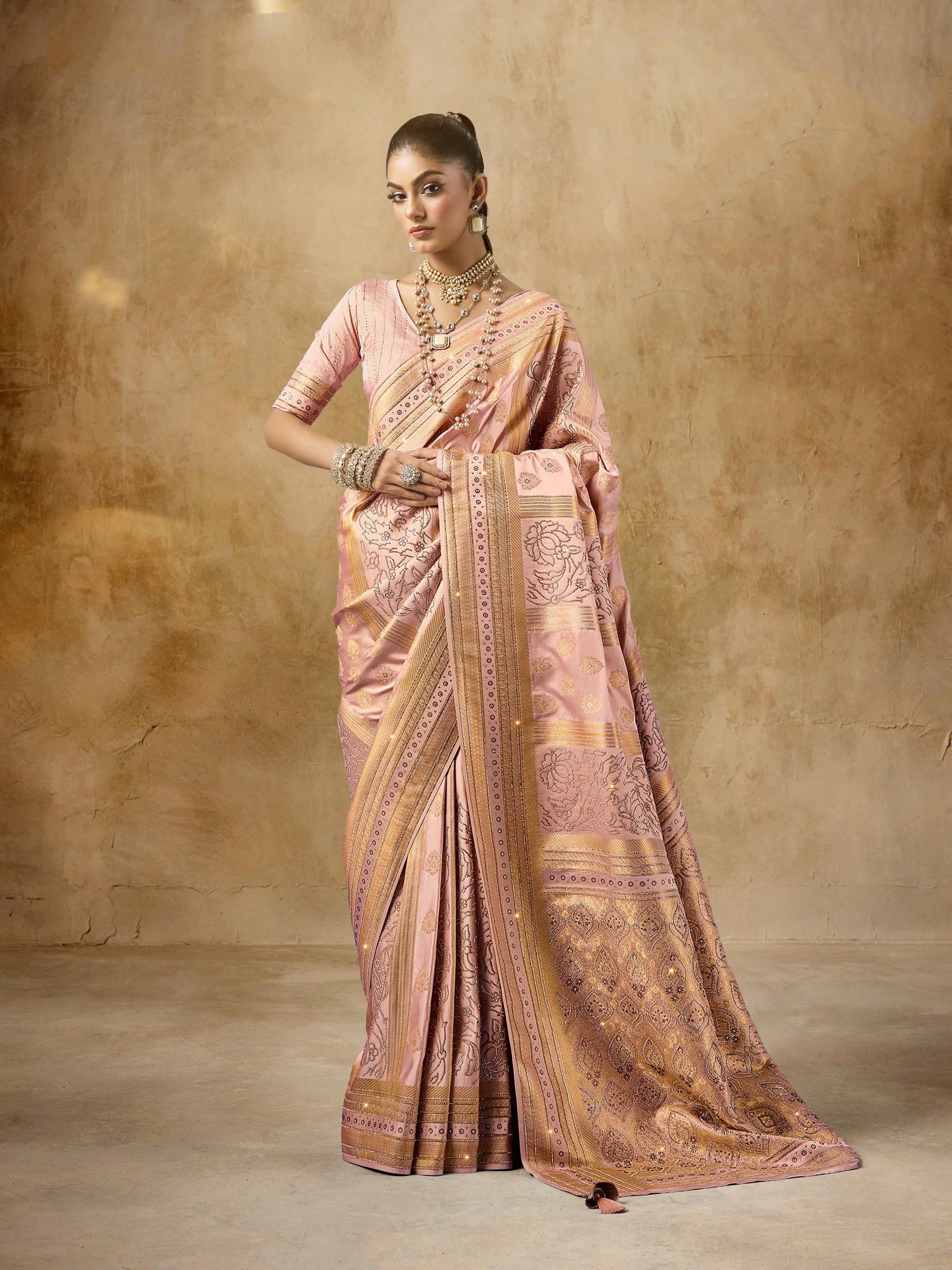 Rose Gold Sattan Katan Bridal Saree with Heavy Zircon & Saroski Work