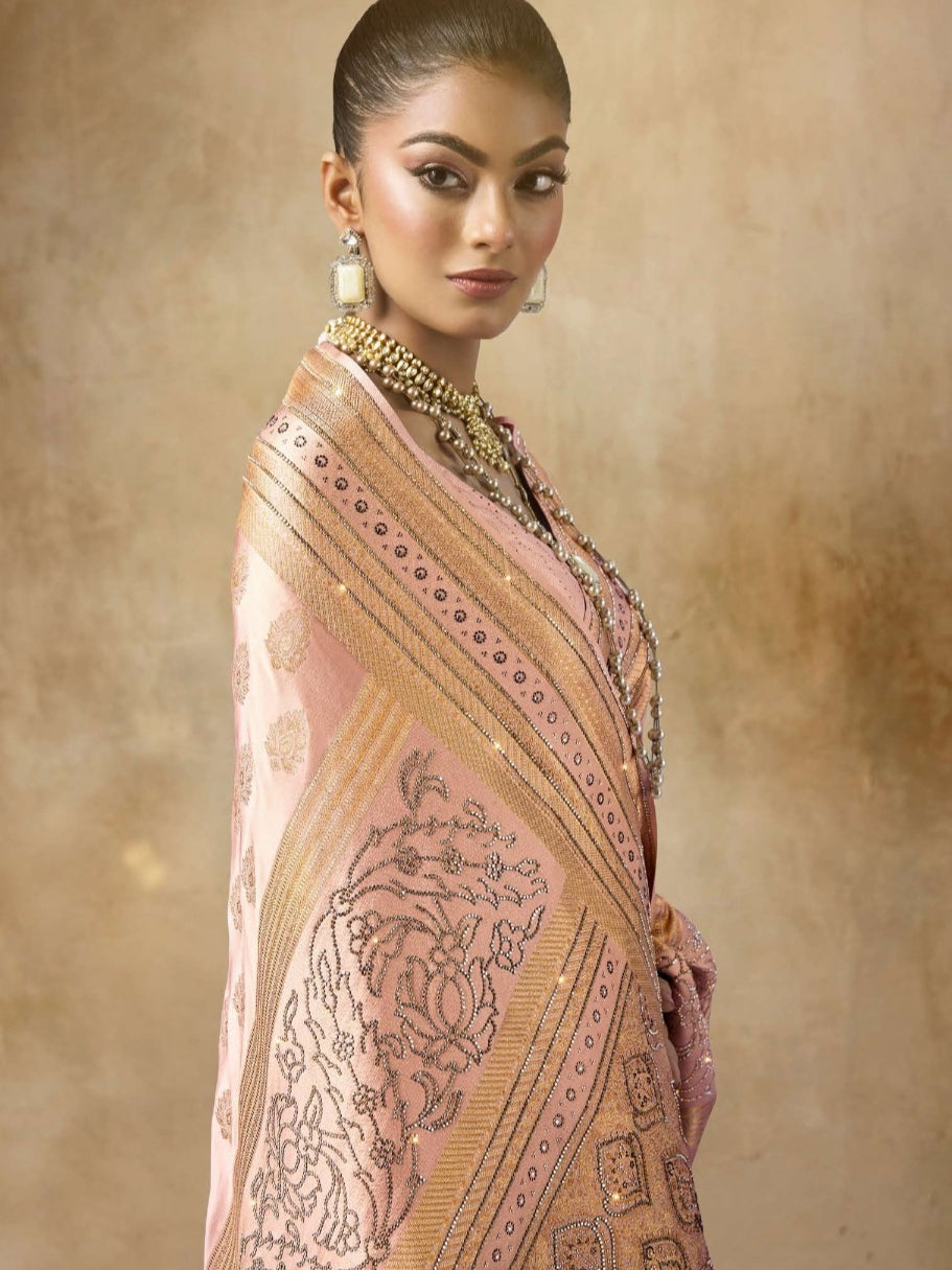 Rose Gold Sattan Katan Bridal Saree with Heavy Zircon &amp; Saroski Work