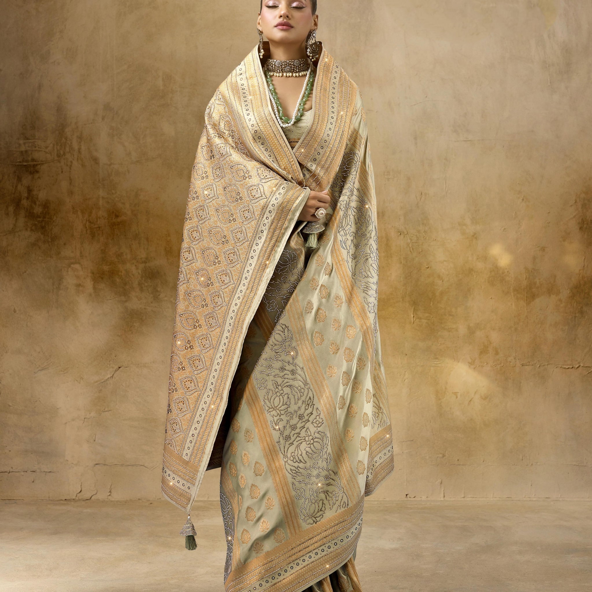 Beige Gold Sattan Katan Bridal Saree with Zircon & Saroski Work