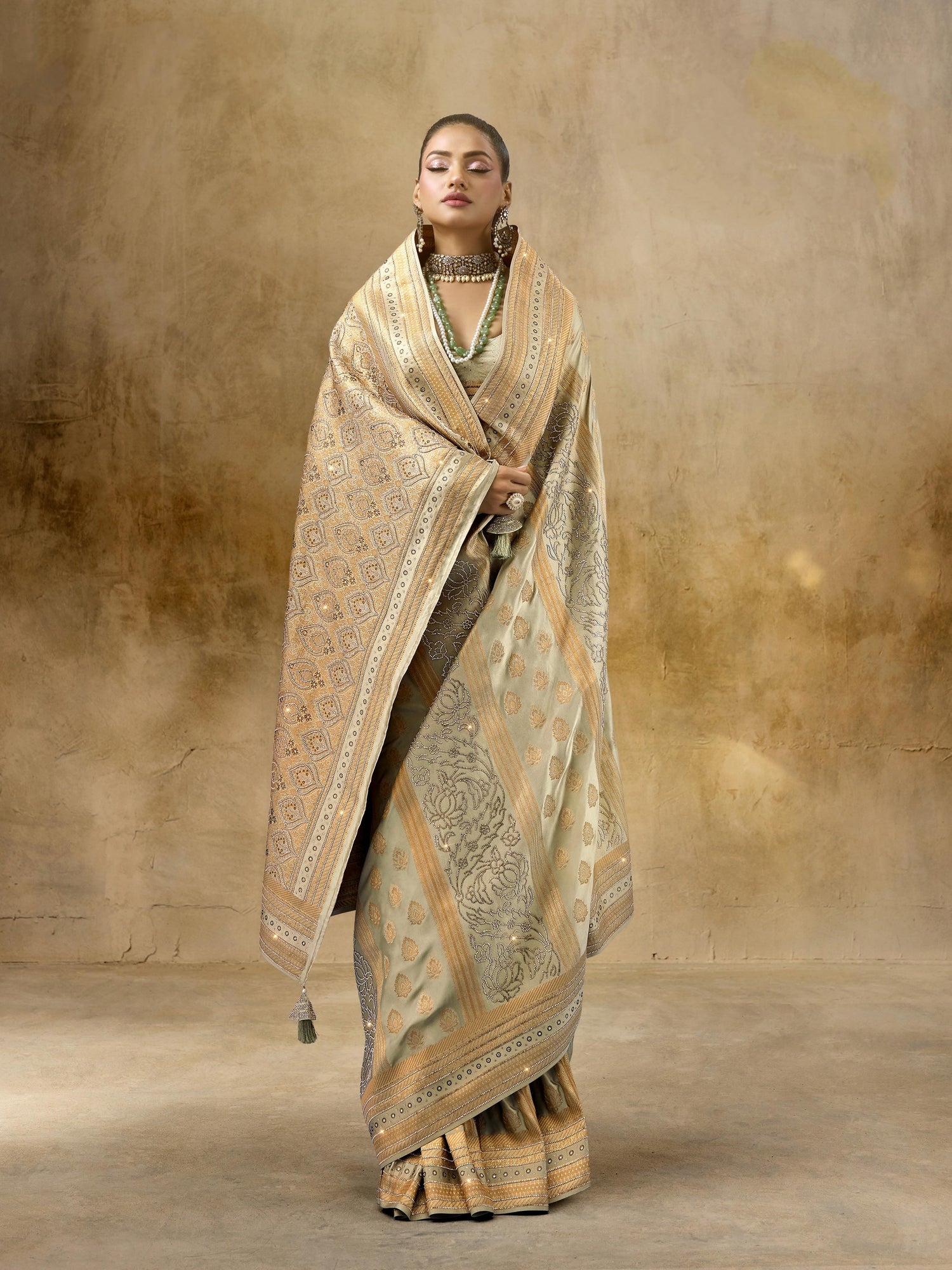 Beige Gold Sattan Katan Bridal Saree with Zircon &amp; Saroski Work