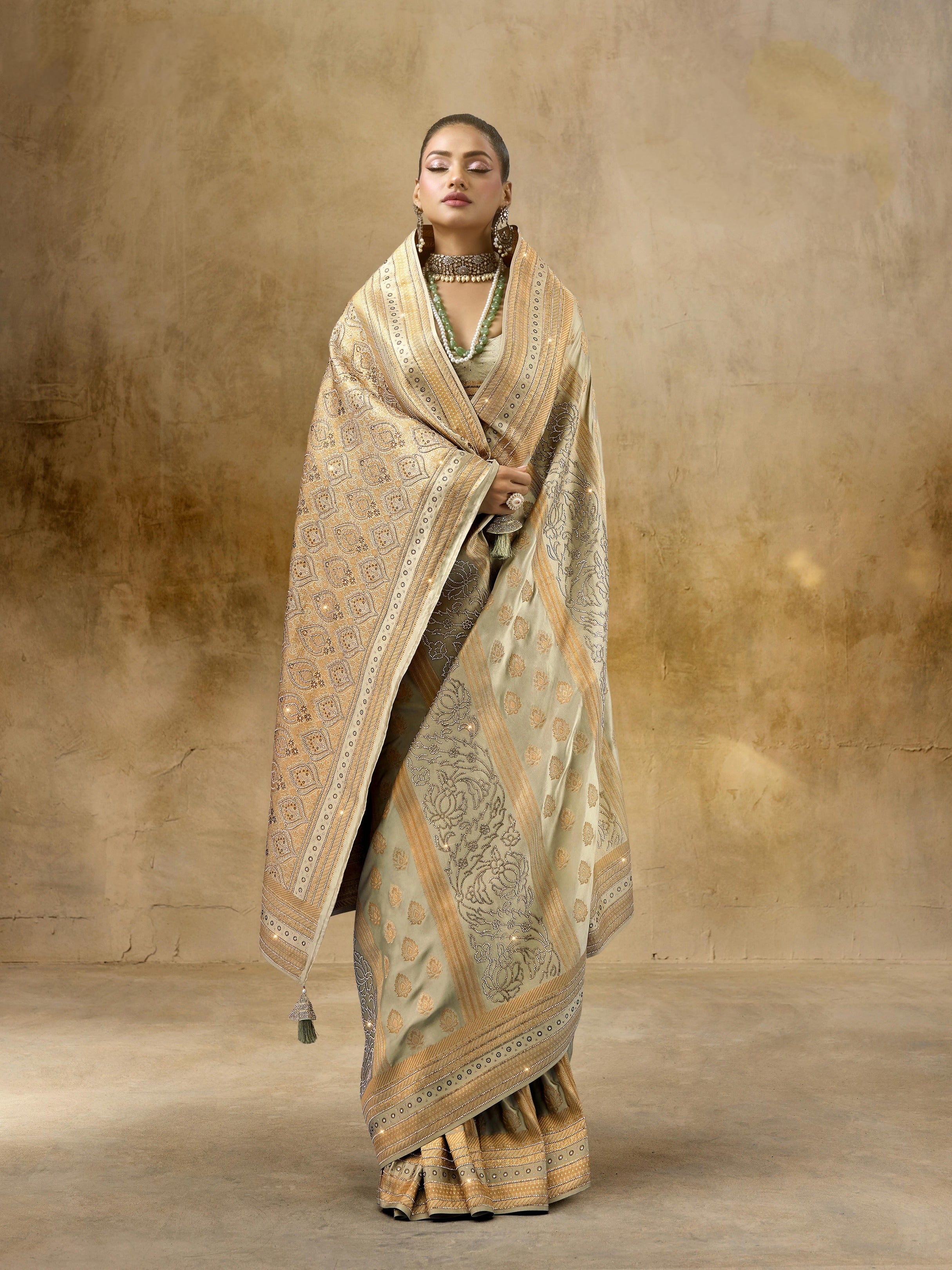 Beige Gold Sattan Katan Bridal Saree with Zircon & Saroski Work